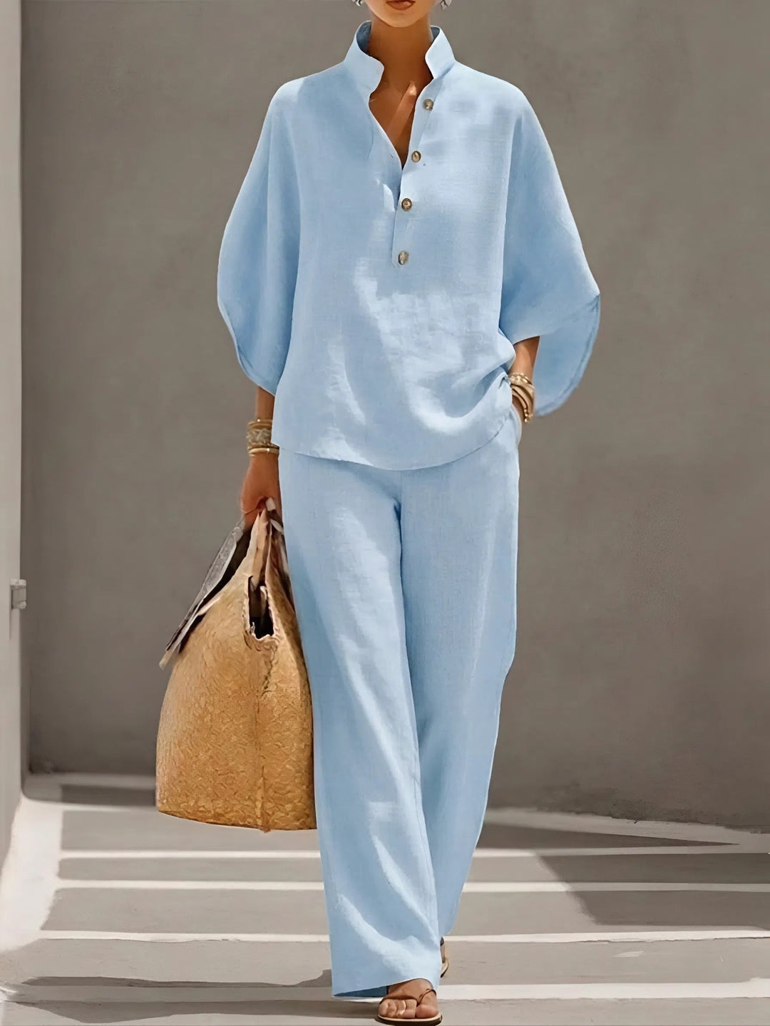 Evelyn | Women's Mandarin Collar Linen Two-Piece Set