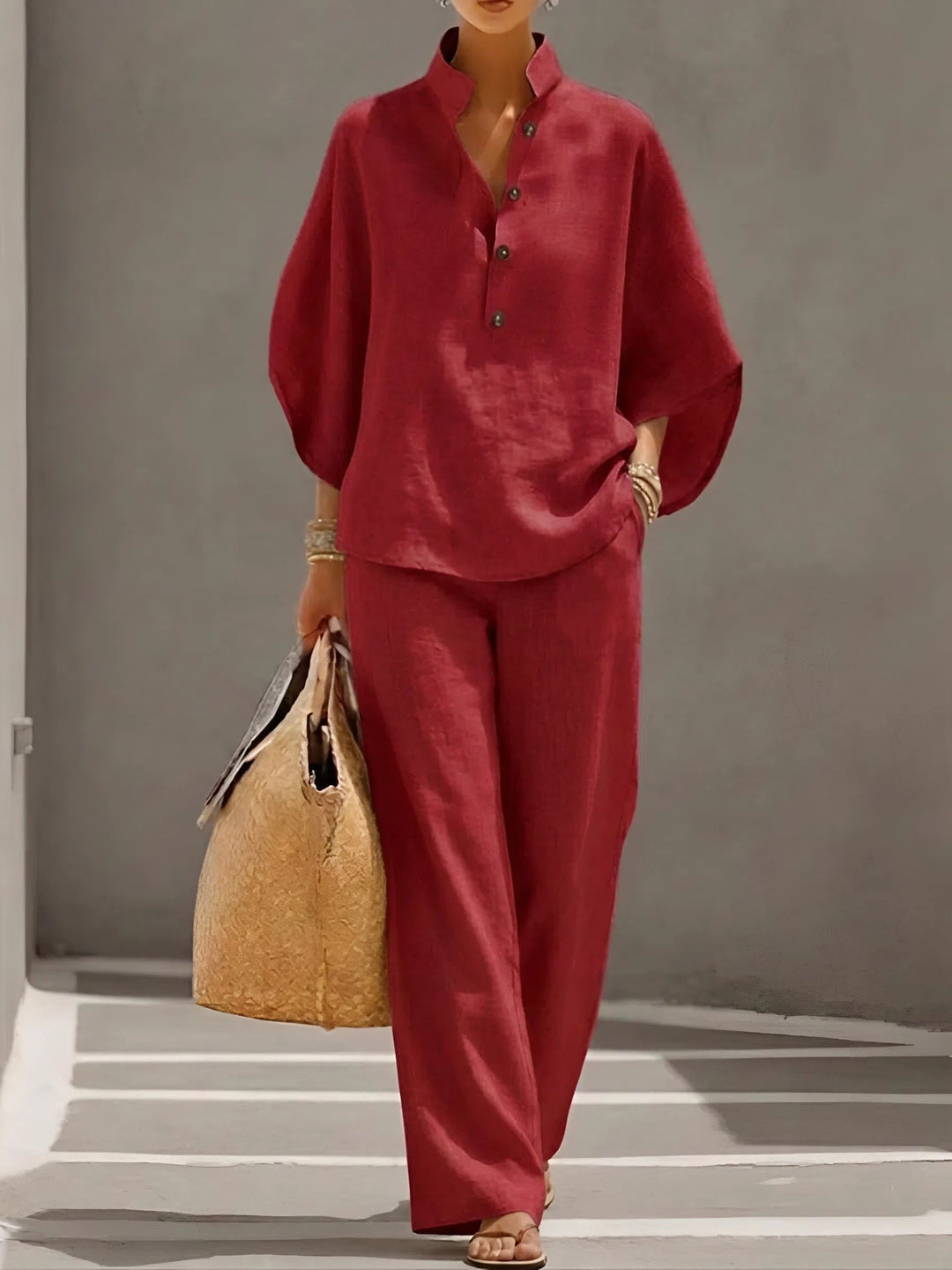 Evelyn | Women's Mandarin Collar Linen Two-Piece Set