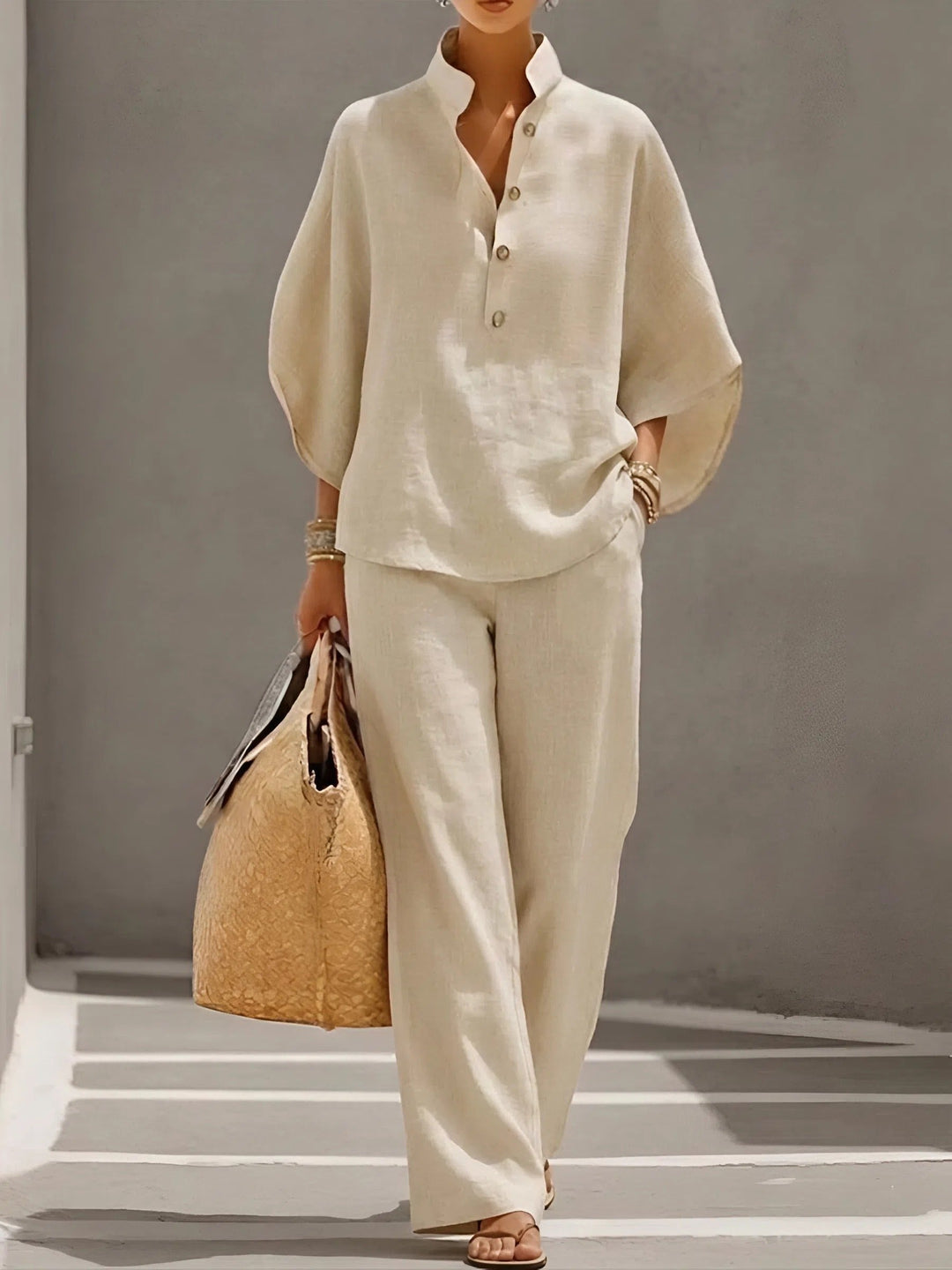 Evelyn | Women's Mandarin Collar Linen Two-Piece Set