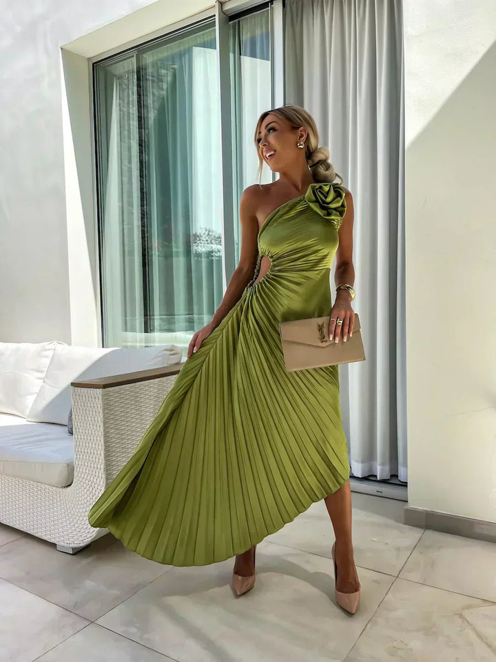 Sienna | Women's One Shoulder Pleated Maxi Dress with Floral Detail