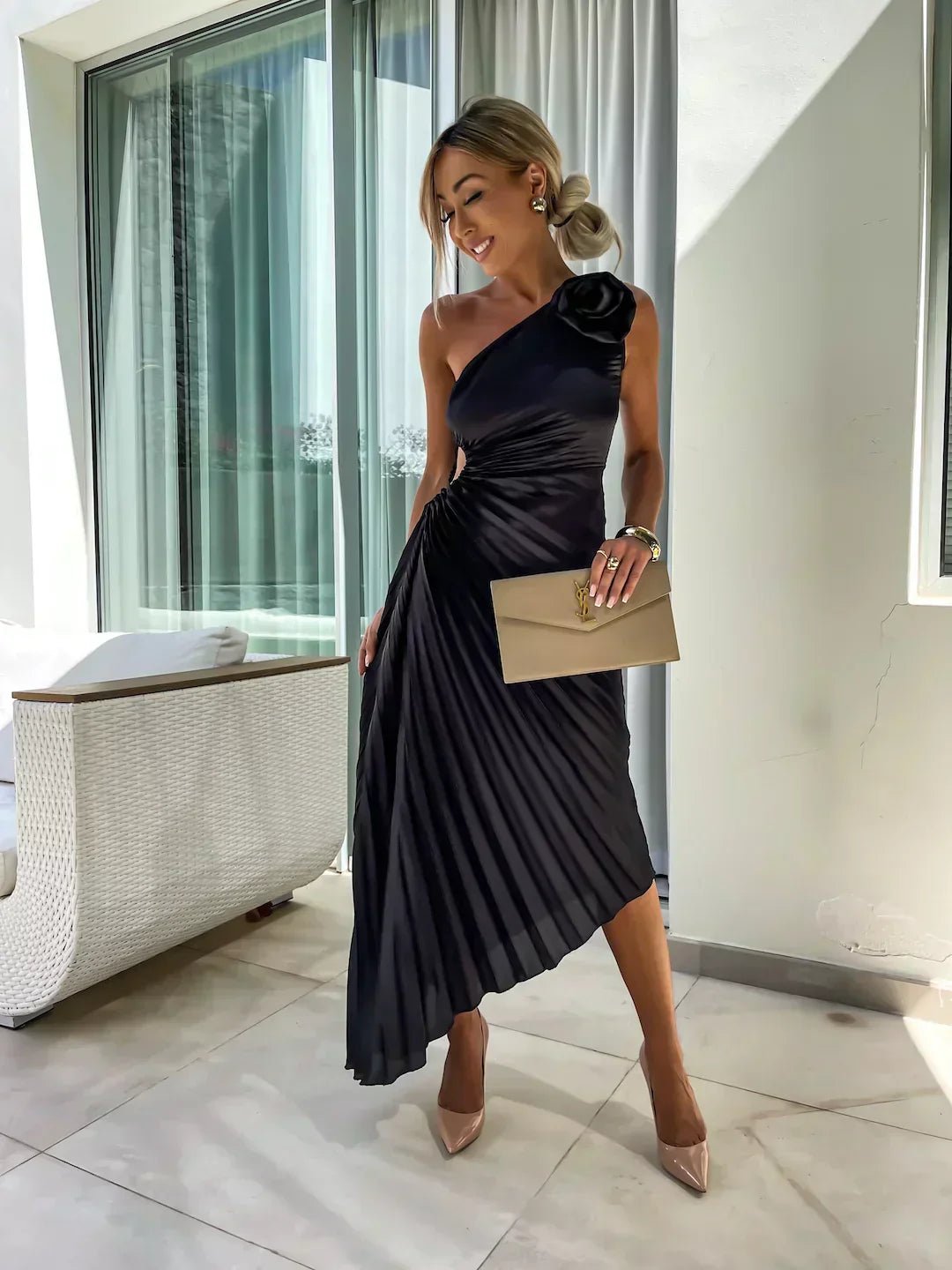 Sienna | Women's One Shoulder Pleated Maxi Dress with Floral Detail
