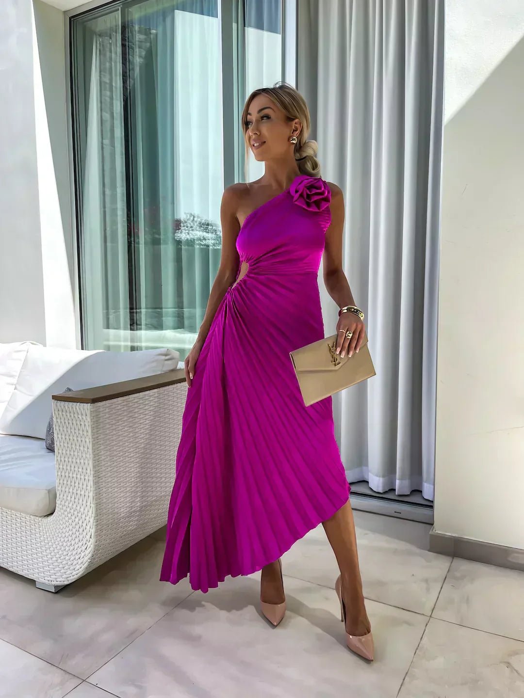 Sienna | Women's One Shoulder Pleated Maxi Dress with Floral Detail