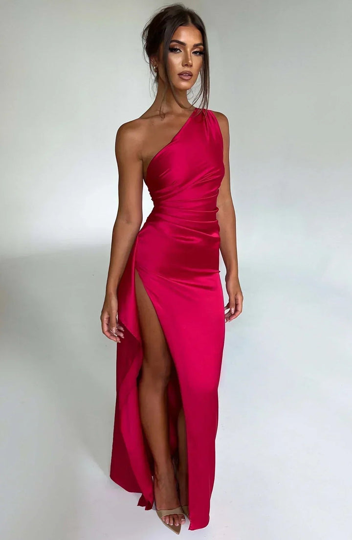 Freya | Women's One-Shoulder Satin Asymmetric High-Split Maxi Evening Dress