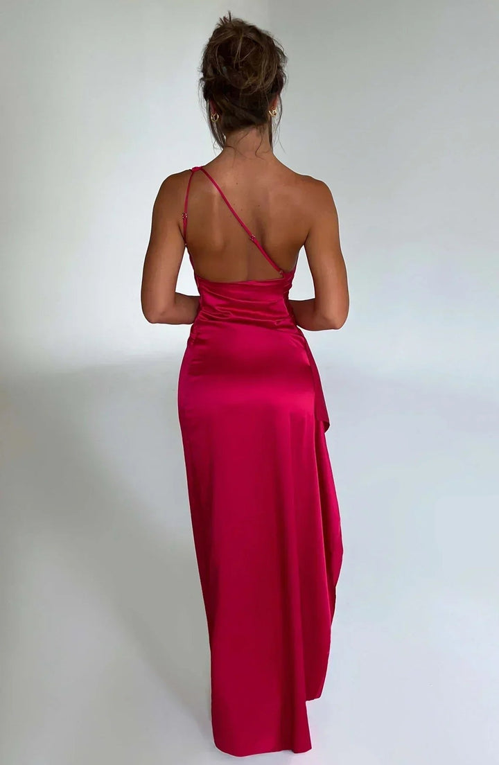Freya | Women's One-Shoulder Satin Asymmetric High-Split Maxi Evening Dress