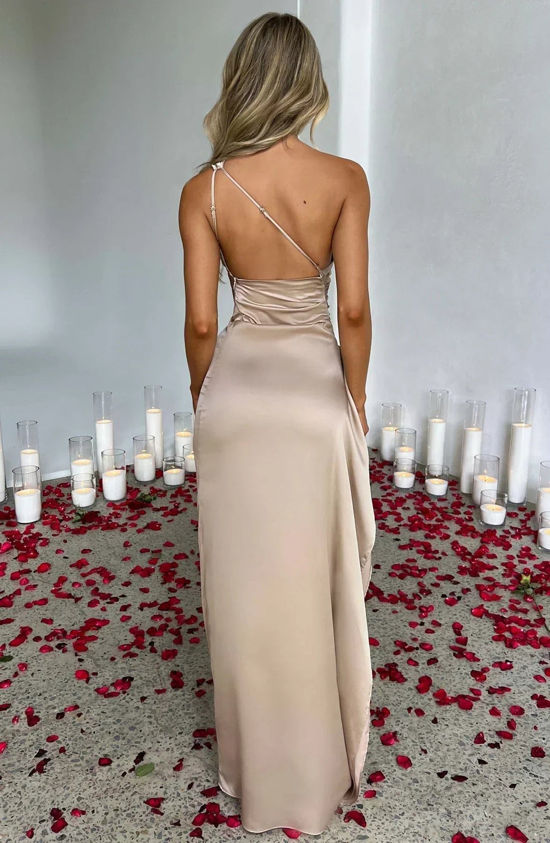Freya | Women's One-Shoulder Satin Asymmetric High-Split Maxi Evening Dress