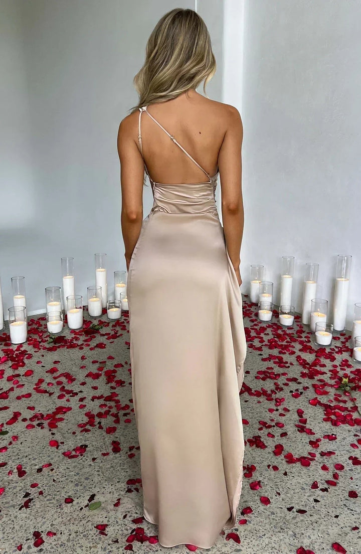 Freya | Women's One-Shoulder Satin Asymmetric High-Split Maxi Evening Dress