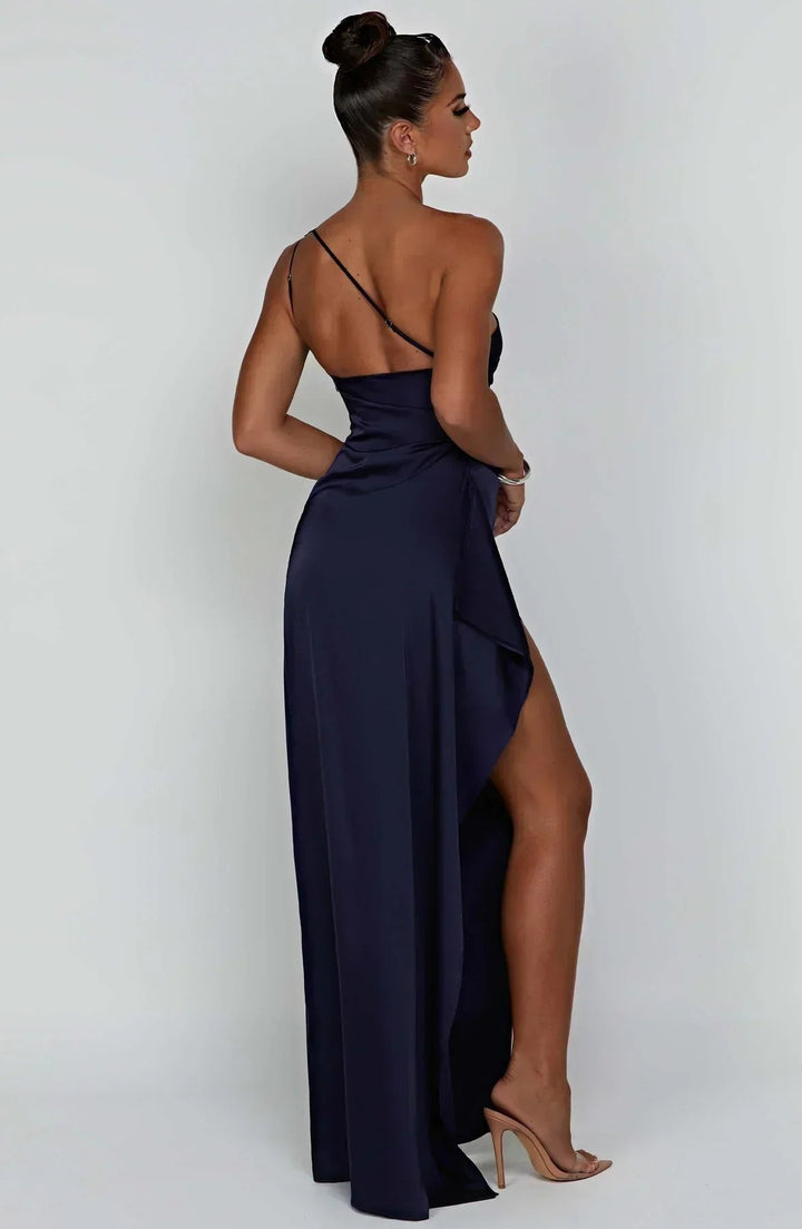 Freya | Women's One-Shoulder Satin Asymmetric High-Split Maxi Evening Dress