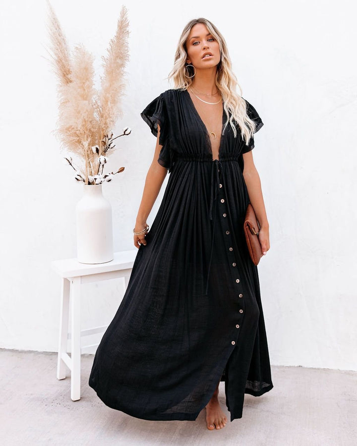 Evelyn | Women's Plunging V-Neck Button-Front Flutter-Sleeve Maxi Dress