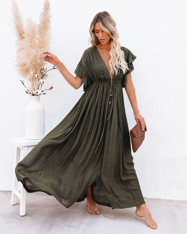 Evelyn | Women's Plunging V-Neck Button-Front Flutter-Sleeve Maxi Dress