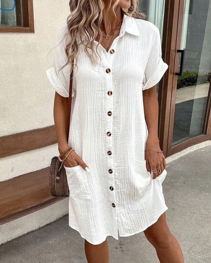 Isla | Women's Relaxed-Fit Cotton Linen Button-Down Shirt Dress Pockets