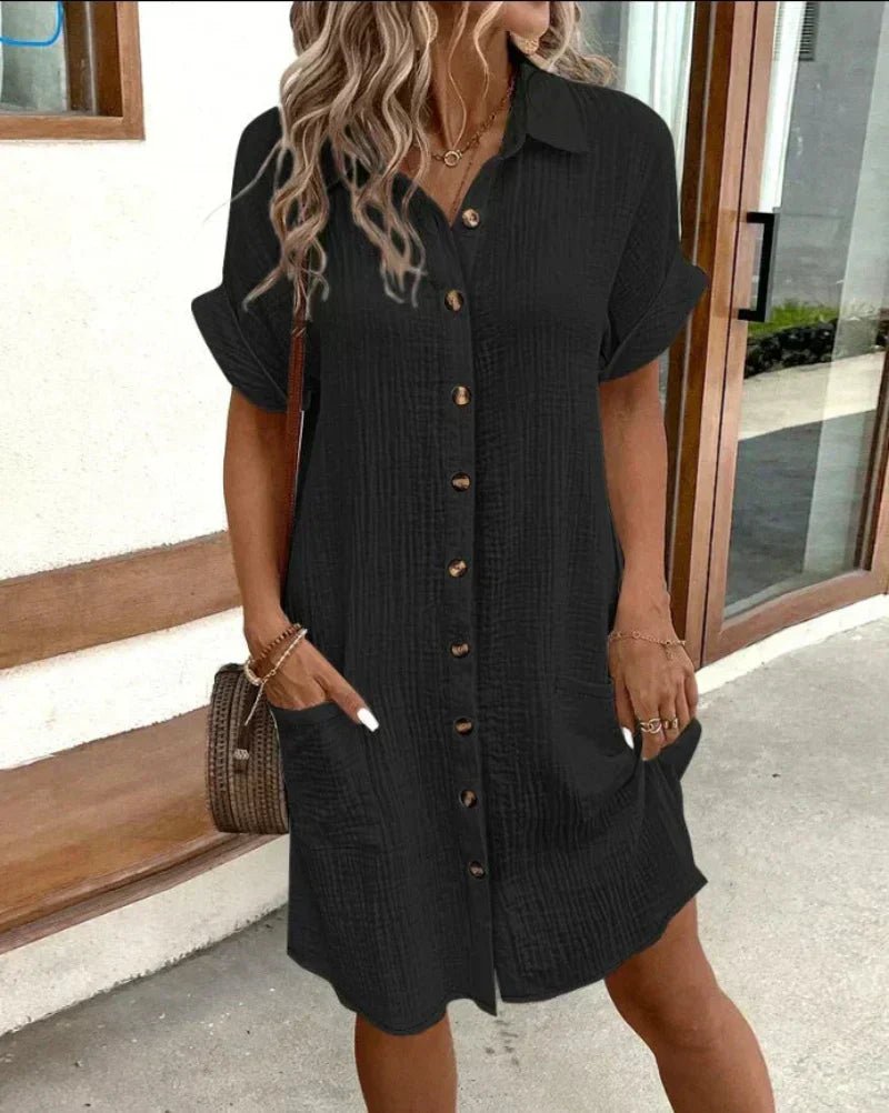 Isla | Women's Relaxed-Fit Cotton Linen Button-Down Shirt Dress Pockets