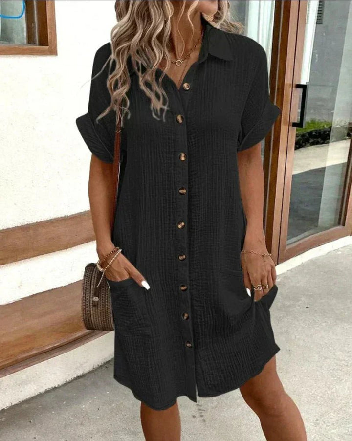 Isla | Women's Relaxed-Fit Cotton Linen Button-Down Shirt Dress Pockets