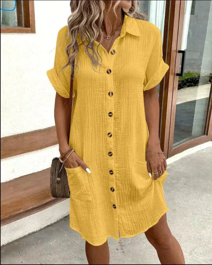 Isla | Women's Relaxed-Fit Cotton Linen Button-Down Shirt Dress Pockets