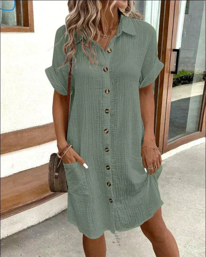 Isla | Women's Relaxed-Fit Cotton Linen Button-Down Shirt Dress Pockets