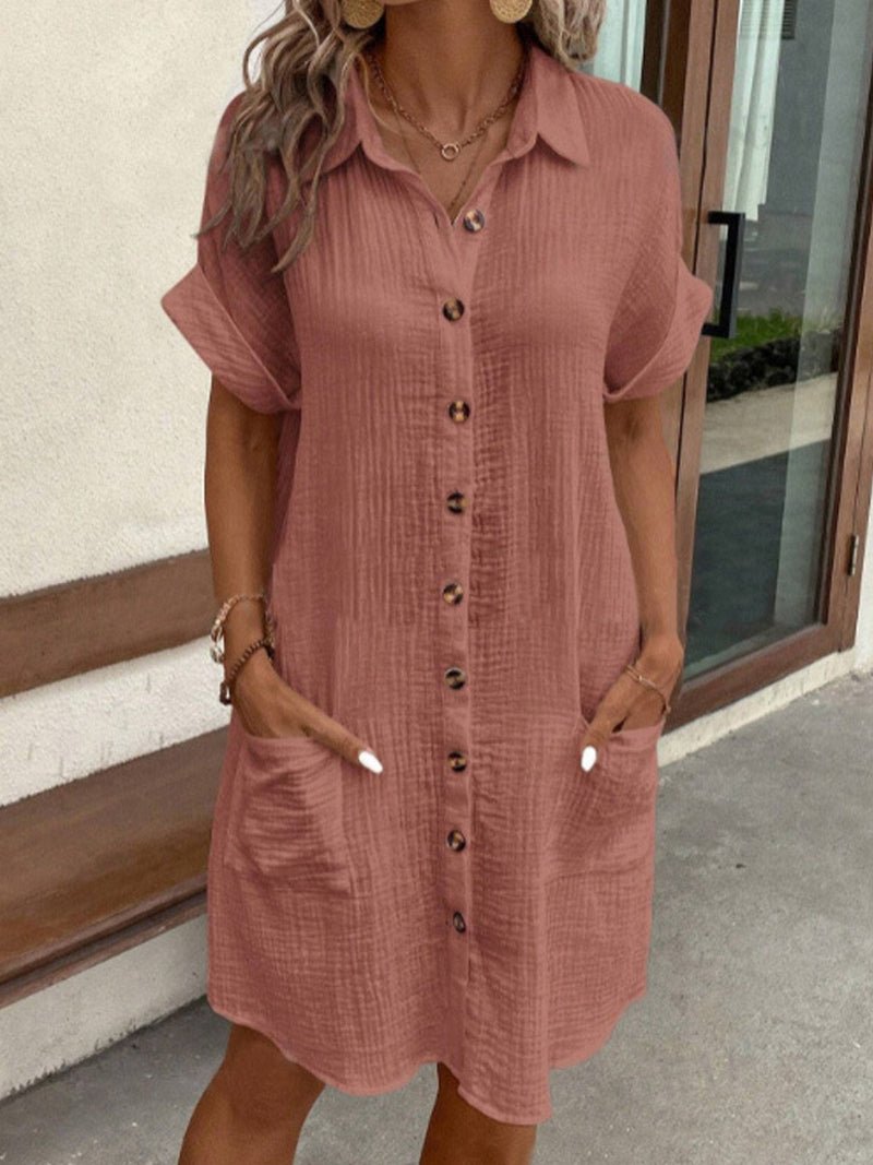Isla | Women's Relaxed-Fit Cotton Linen Button-Down Shirt Dress Pockets