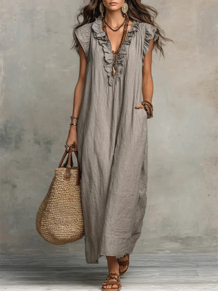Scarlett | Women's Ruffle V-Neck Flutter Sleeve Linen Maxi Dress