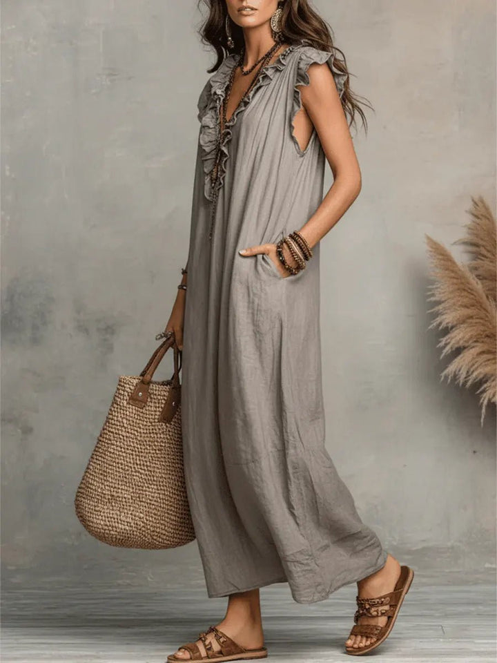 Scarlett | Women's Ruffle V-Neck Flutter Sleeve Linen Maxi Dress