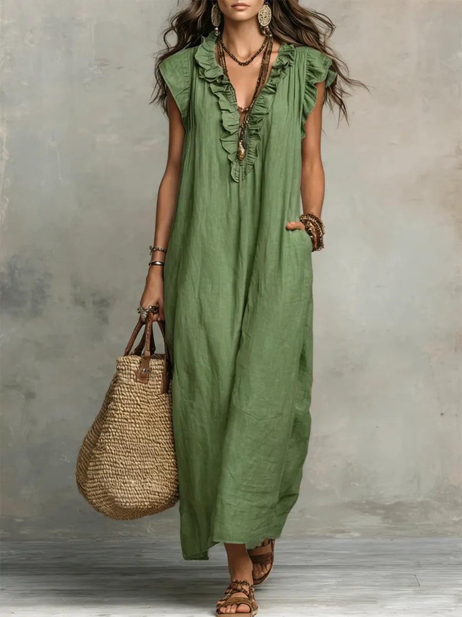 Scarlett | Women's Ruffle V-Neck Flutter Sleeve Linen Maxi Dress