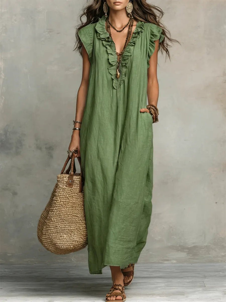 Scarlett | Women's Ruffle V-Neck Flutter Sleeve Linen Maxi Dress