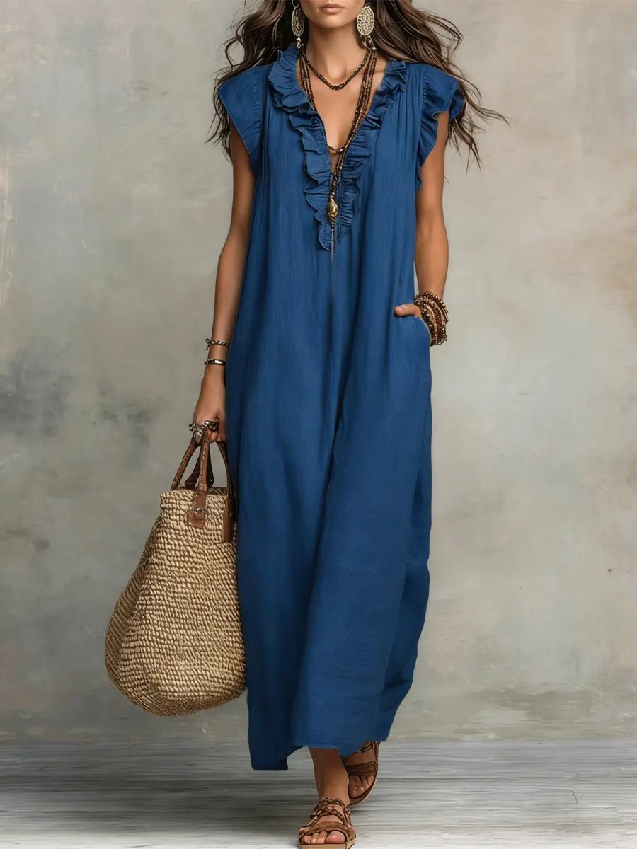 Scarlett | Women's Ruffle V-Neck Flutter Sleeve Linen Maxi Dress