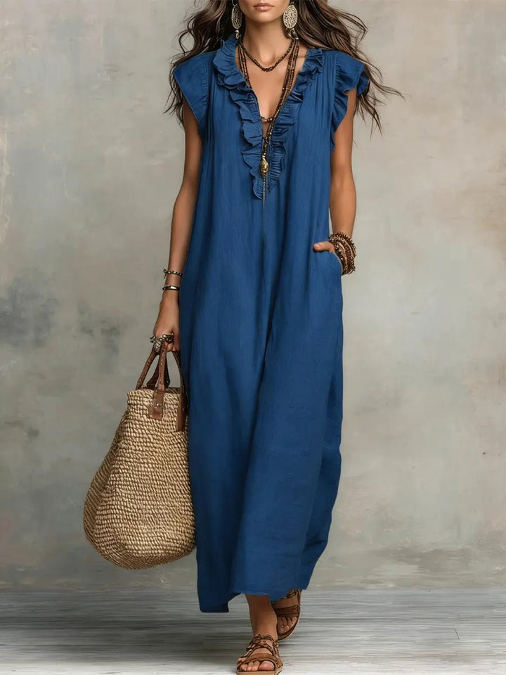Scarlett | Women's Ruffle V-Neck Flutter Sleeve Linen Maxi Dress