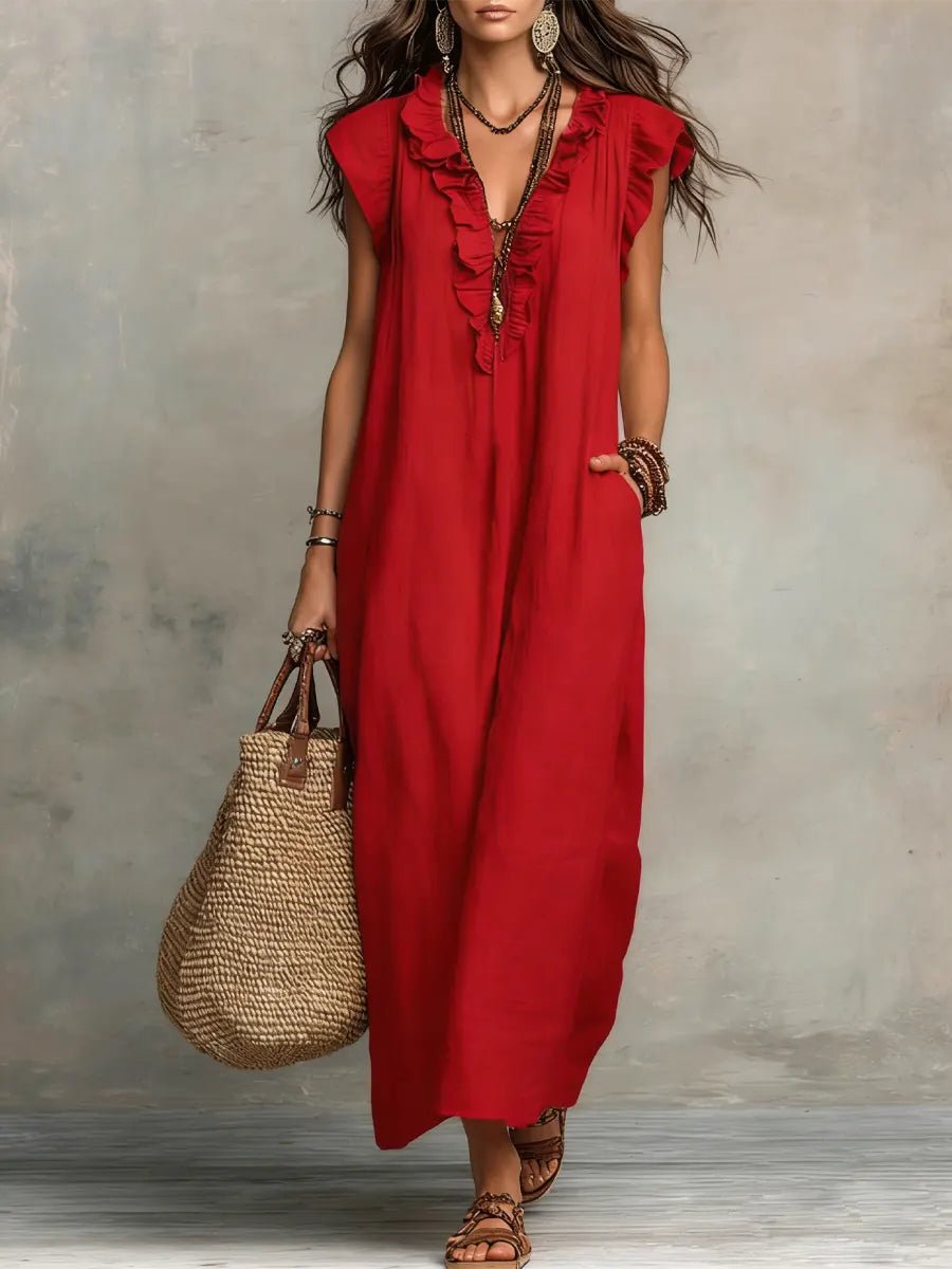 Scarlett | Women's Ruffle V-Neck Flutter Sleeve Linen Maxi Dress