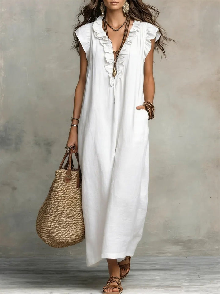 Scarlett | Women's Ruffle V-Neck Flutter Sleeve Linen Maxi Dress