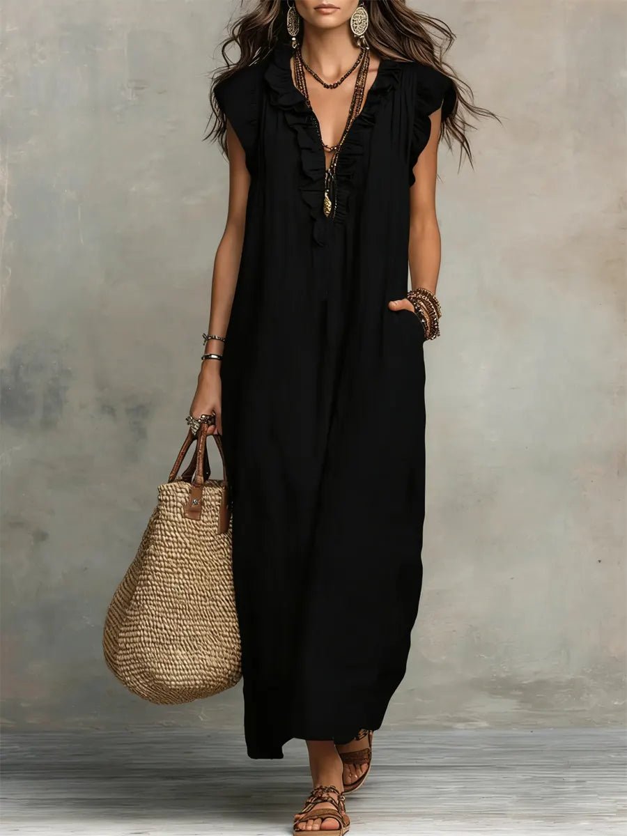 Scarlett | Women's Ruffle V-Neck Flutter Sleeve Linen Maxi Dress