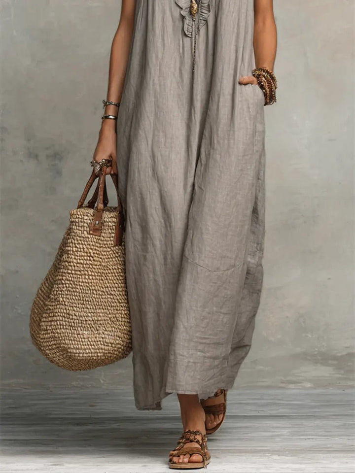 Scarlett | Women's Ruffle V-Neck Flutter Sleeve Linen Maxi Dress