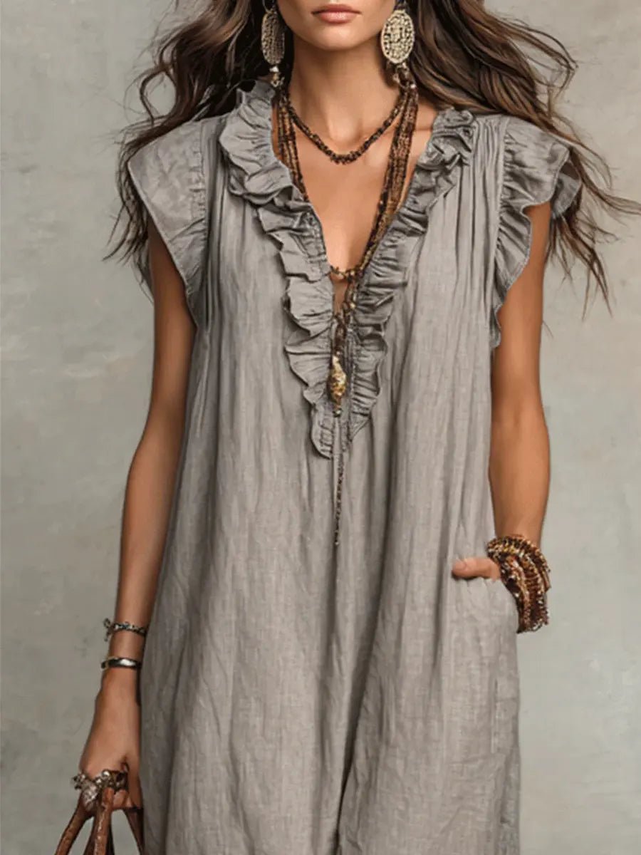 Scarlett | Women's Ruffle V-Neck Flutter Sleeve Linen Maxi Dress