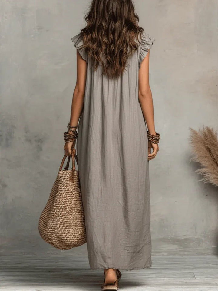 Scarlett | Women's Ruffle V-Neck Flutter Sleeve Linen Maxi Dress