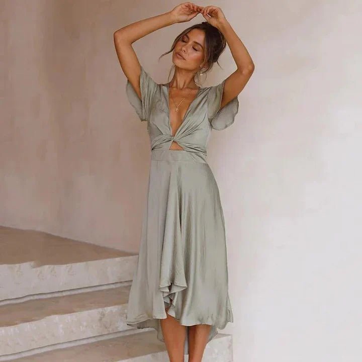 Freya | Women's Satin Midi Dress Deep V-Neck Flutter Sleeve Tie-Front