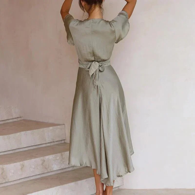 Freya | Women's Satin Midi Dress Deep V-Neck Flutter Sleeve Tie-Front