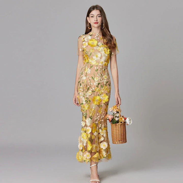 Ava | Women's Sleeveless 3D Floral Applique Sheer Mesh Maxi Dress