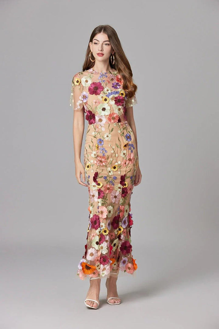 Ava | Women's Sleeveless 3D Floral Applique Sheer Mesh Maxi Dress