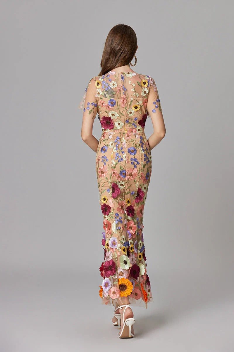 Ava | Women's Sleeveless 3D Floral Applique Sheer Mesh Maxi Dress