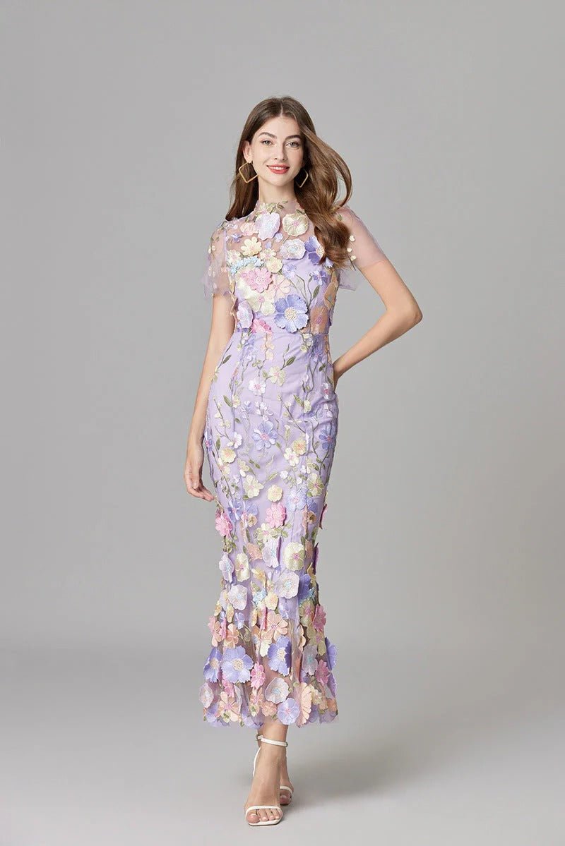 Ava | Women's Sleeveless 3D Floral Applique Sheer Mesh Maxi Dress