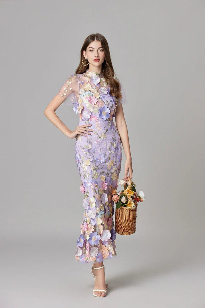 Ava | Women's Sleeveless 3D Floral Applique Sheer Mesh Maxi Dress