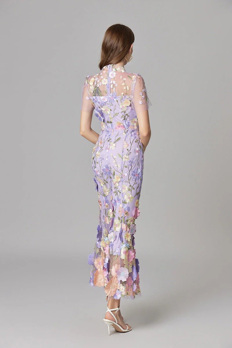 Ava | Women's Sleeveless 3D Floral Applique Sheer Mesh Maxi Dress