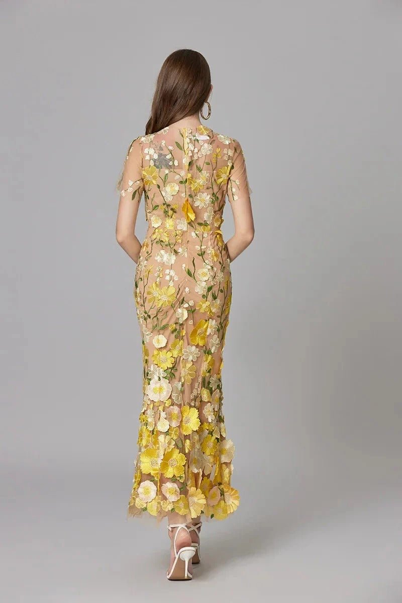 Ava | Women's Sleeveless 3D Floral Applique Sheer Mesh Maxi Dress