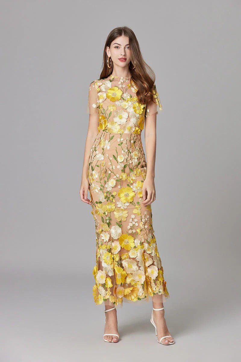 Ava | Women's Sleeveless 3D Floral Applique Sheer Mesh Maxi Dress