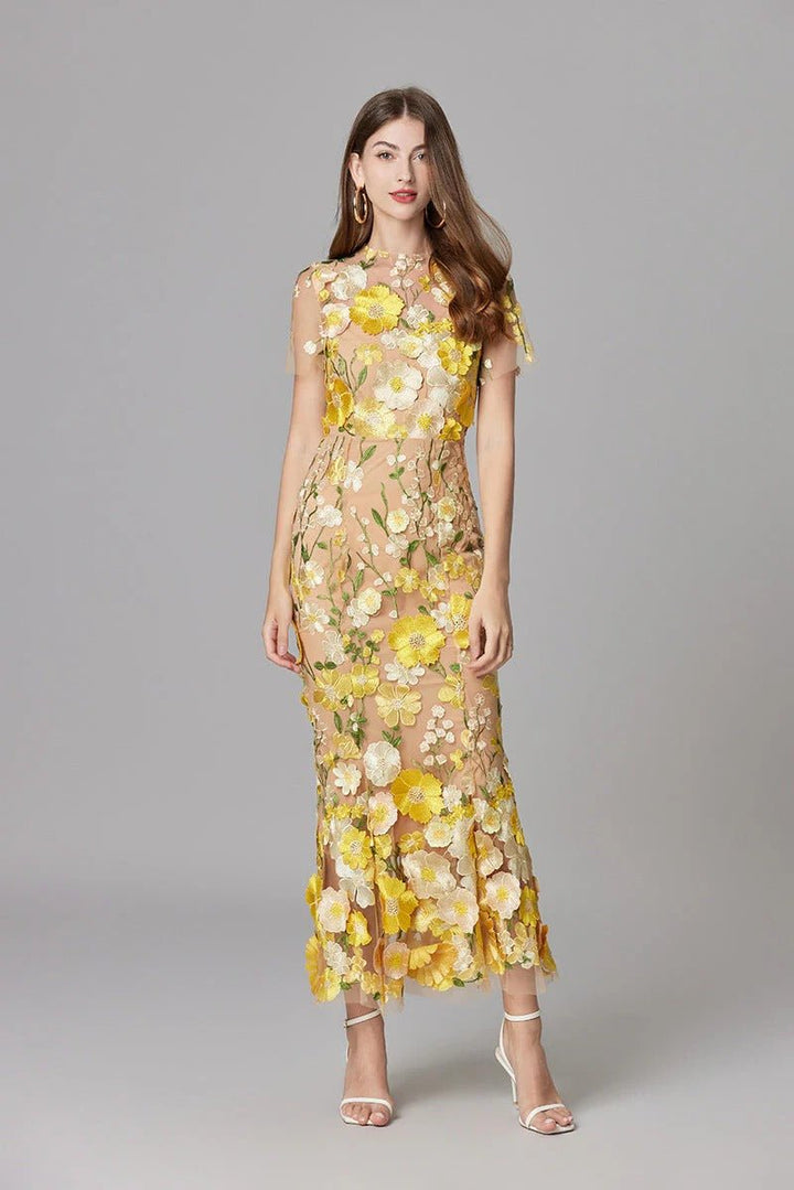 Ava | Women's Sleeveless 3D Floral Applique Sheer Mesh Maxi Dress