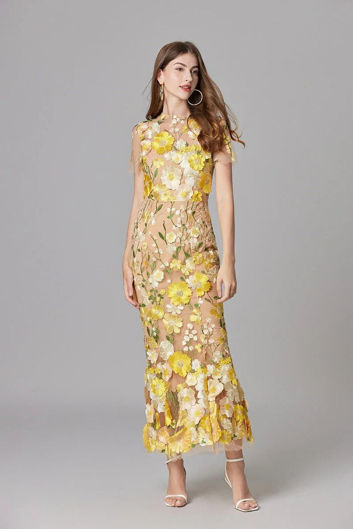 Ava | Women's Sleeveless 3D Floral Applique Sheer Mesh Maxi Dress