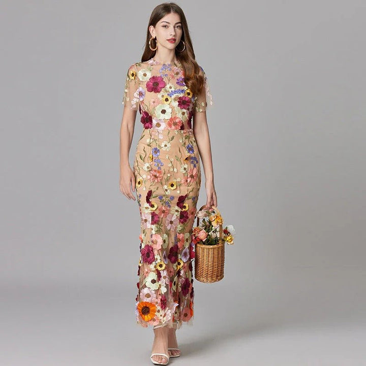 Ava | Women's Sleeveless 3D Floral Applique Sheer Mesh Maxi Dress