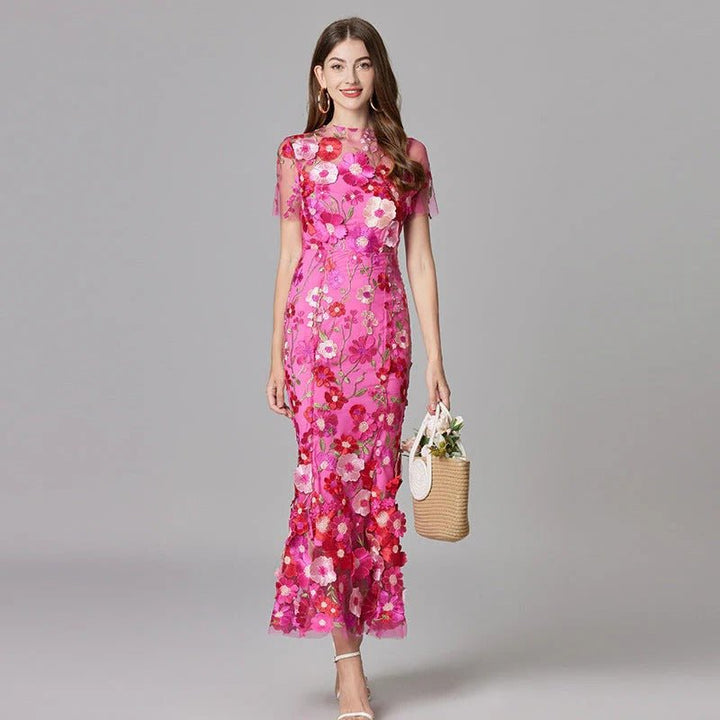 Ava | Women's Sleeveless 3D Floral Applique Sheer Mesh Maxi Dress