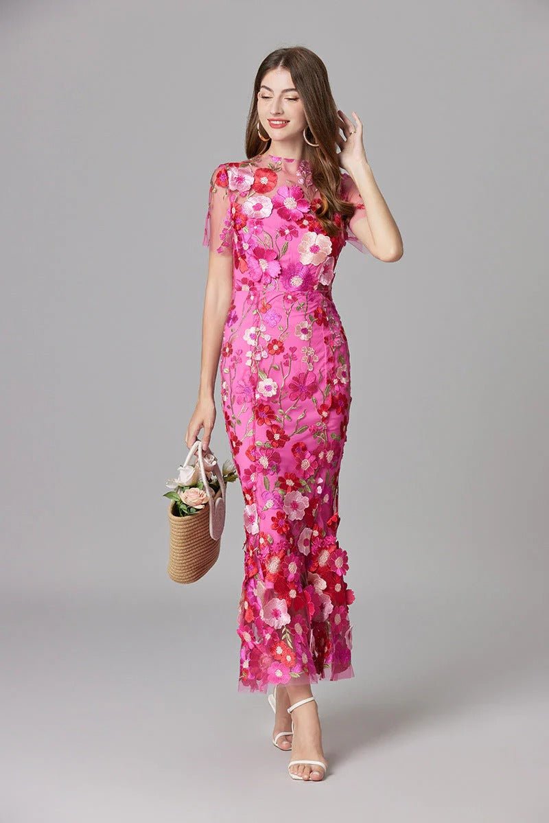 Ava | Women's Sleeveless 3D Floral Applique Sheer Mesh Maxi Dress