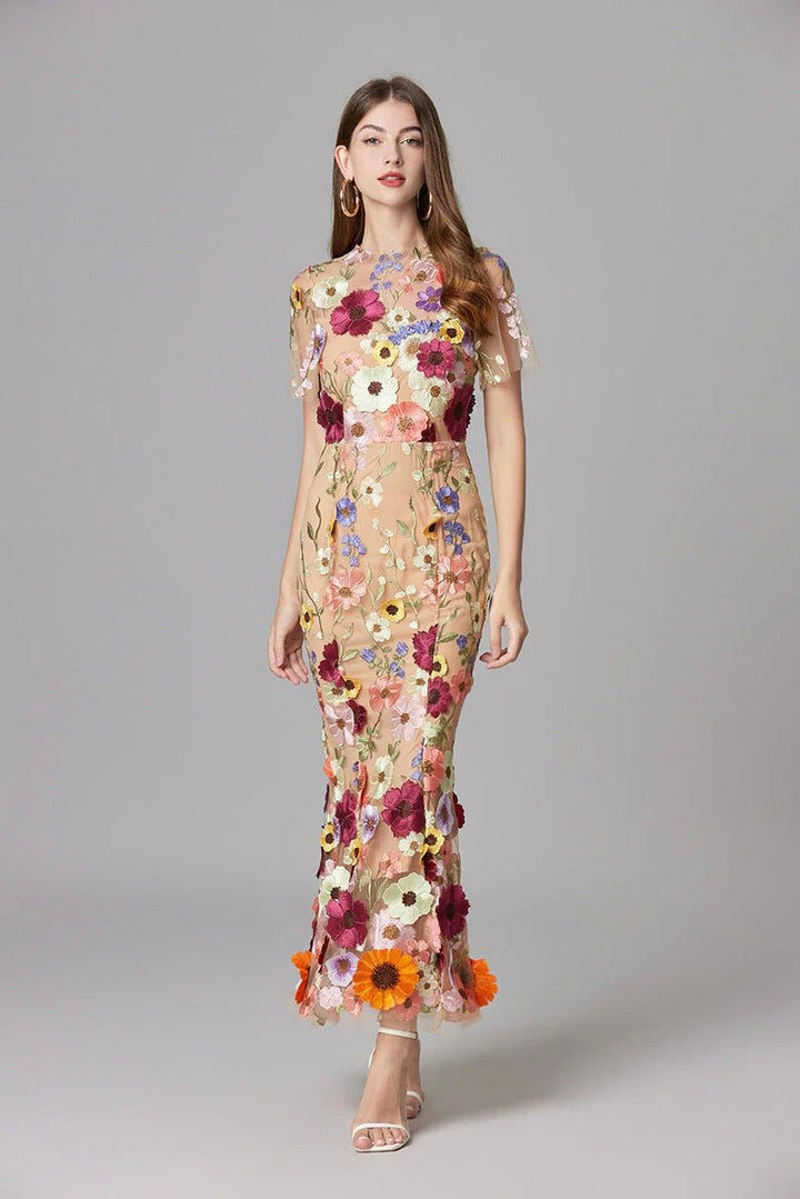 Ava | Women's Sleeveless 3D Floral Applique Sheer Mesh Maxi Dress