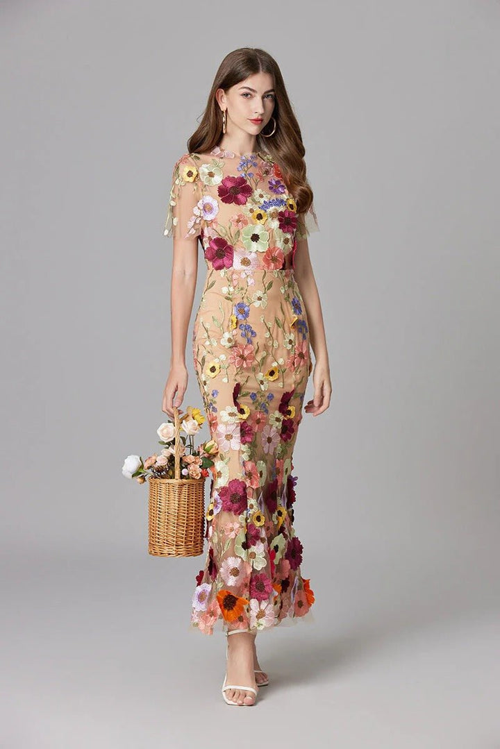 Ava | Women's Sleeveless 3D Floral Applique Sheer Mesh Maxi Dress