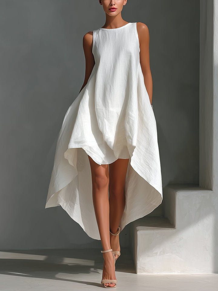 Amelia | Women's Sleeveless Asymmetric Handkerchief-Hem Linen Midi Dress