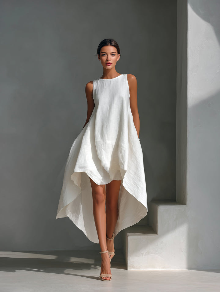 Amelia | Women's Sleeveless Asymmetric Handkerchief-Hem Linen Midi Dress